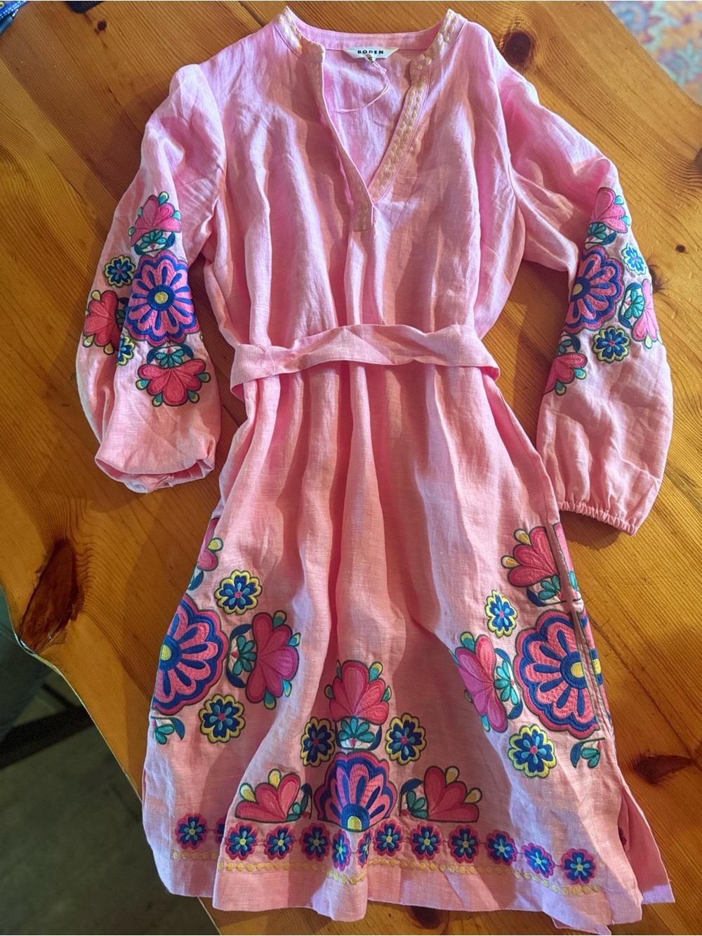 Boden Pink Linen Cleo Tie Dress with Embroidery